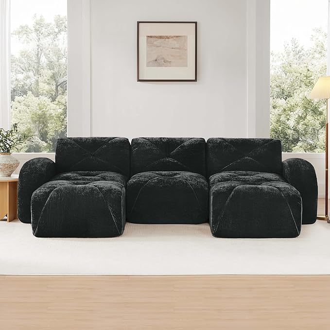 110-Inch Cloud Sectional Couches U-Shaped 5 Seat Boneless Modular Sofa with Ottomans Velvet Tufted Upholstered Boneless Couch Floor Full Foam Sofas for Living Room
