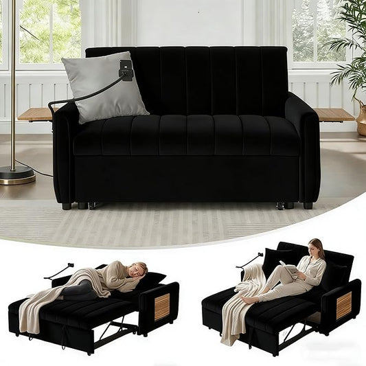 3-in-1 Convertible Sleeper Sofa with Integrated USB &amp Type-C Charging Station Modern Pull-Out Bed Loveseat for Living Room Comfy Fabric with Side Pocket Easy Assembly(Black) | Phone Stand USB