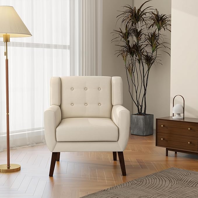 Accent Chair Mid-Century Modern Fabric Chairs with Arms for Living Room Comfy Upholstered Club Single Sofa Armchair for Bedroom Waiting Room with Solid Wood Frame