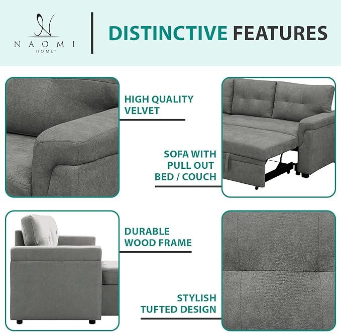 Naomi Home Laura Reversible Sleeper Sectional Sofa Storage Chaise Gray/Velvet