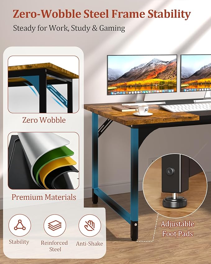 Computer Desk 55.1 Office Desk Extra Wide 23.62” Carbon Fiber Deep Desktop 0.59” Thick Heavy-Duty Home Office Desks Office Table with Steel Frame Wood Desk for Bedroom Study Writing Gaming Work