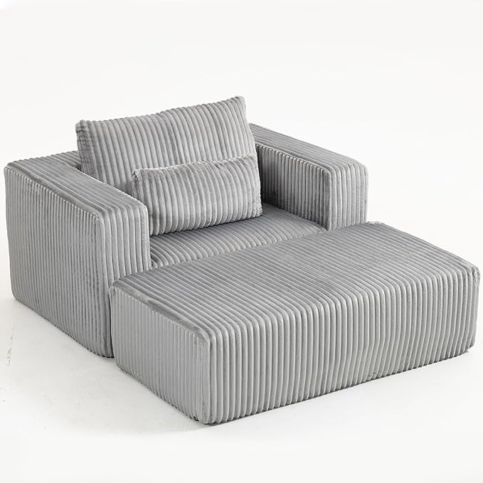 KEIKI Chaise Lounge Chair Indoor with Ottoman 62.6 D Oversized Sleeper Chair Corduroy Upholstered Comfy Sofa for Bedroom Living Room Office Grey