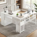 LVB White L Shaped Corner Desk with Drawers Reversible Modern L-Shaped Computer Desk with Storage Cabinet Shelves Large Wood Metal L Shape Home Office Desk for Work Study Writing Gaming 59 Inch