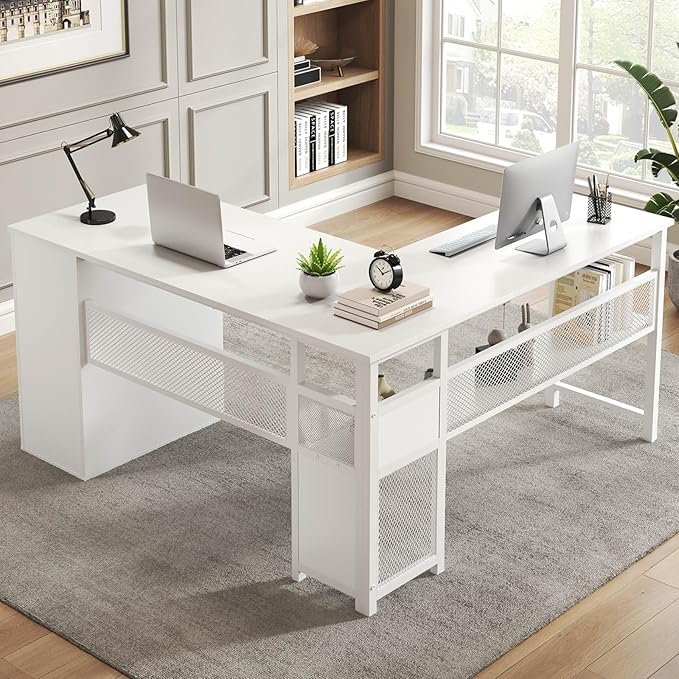 LVB White L Shaped Corner Desk with Drawers Reversible Modern L-Shaped Computer Desk with Storage Cabinet Shelves Large Wood Metal L Shape Home Office Desk for Work Study Writing Gaming 59 Inch