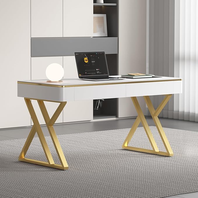 Modern Office Computer Desk with Tempered Glass Top &amp Marble Pattern White Wooden Gaming Desk with Drawers Thick Lacquered Writing Desk for Home Office Bedroom and Living Room (Z-104)