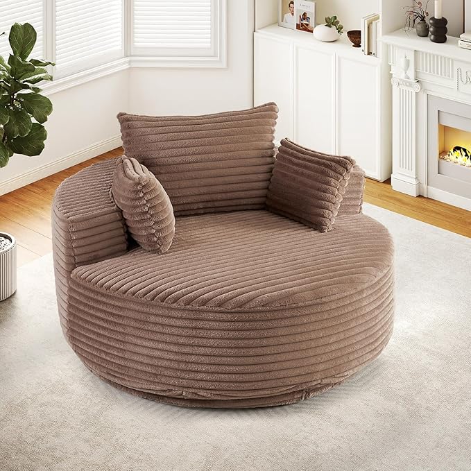 55 W Oversized Round Swivel Accent Barrel Chair360 Degree Faux Fur Upholstered Comfy Chaise Lounge Chair IndoorModern Deep Seat Reading Sofa Armchair for Living RoomBedroomOffice(Brown)
