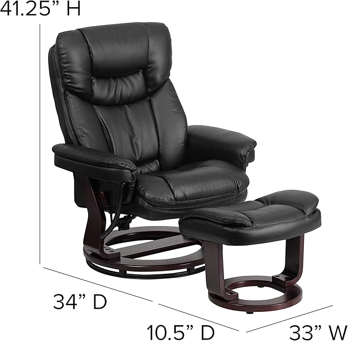 Flash Furniture Allie LeatherSoft Upholstered Recliner with Footrest Arms and Headrest Padded Swivel Recliner Chair and Ottoman Set Black