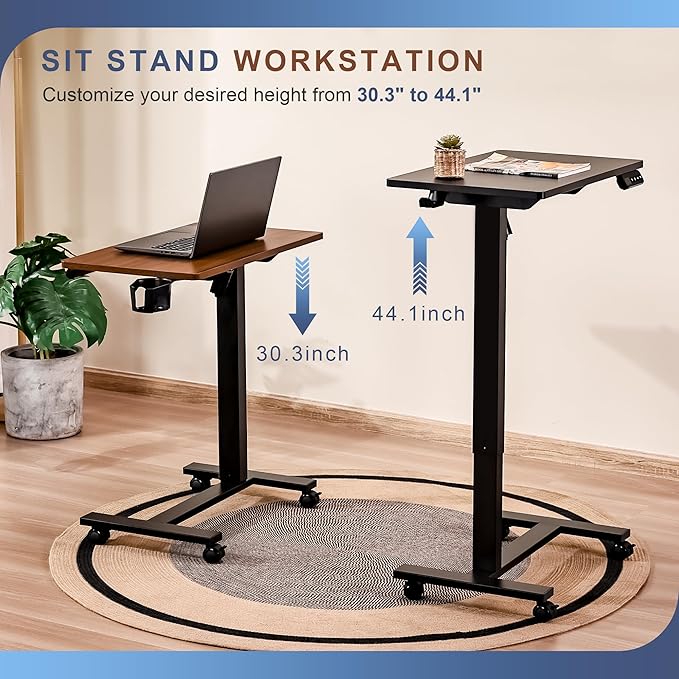 Electric Overbed Table with Wheels Height Adjustable Bedside Sofa Couch Side Tables C Shaped Mobile Standing Small Laptop Desk for Home Office Dark Walnut