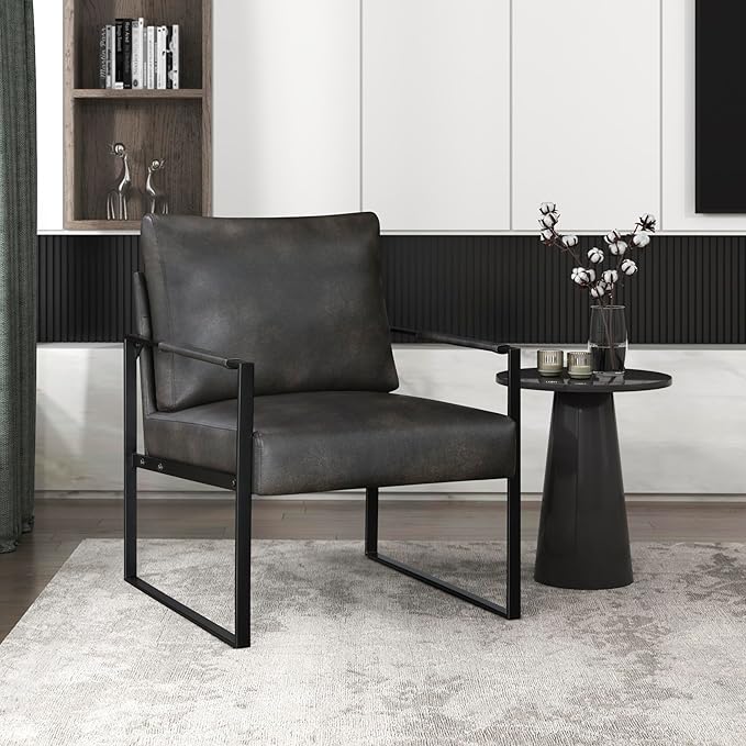 Lexicon Modern Accent Chair Faux Leather Upholstered Living Room Chair With Wrapped ArmrestsArm Chair With Black Metal FrameComfy Single Chair For Living Room/Bedroom/Reading Room/OfficeDark Brown
