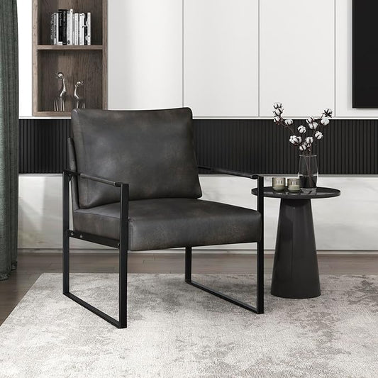 Lexicon Modern Accent Chair Faux Leather Upholstered Living Room Chair With Wrapped ArmrestsArm Chair With Black Metal FrameComfy Single Chair For Living Room/Bedroom/Reading Room/OfficeDark Brown