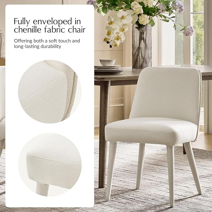 HULALA HOME Modern Dining Chairs Set of 2White Fully Chenille Upholstered Dining Room Chairs Set with Foot Peg Wood Frame Armless Kitchen Accent Chairs for Living Room Bedroom Reception - Ivory