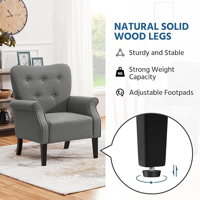 Yaheetech Modern Armchair Mid Century Accent Chair with Sturdy Wood Legs and High Back for Small Space Upholstered Fabric Sofa Club Chair for Living Room/Bedroom/Office Dark Gray