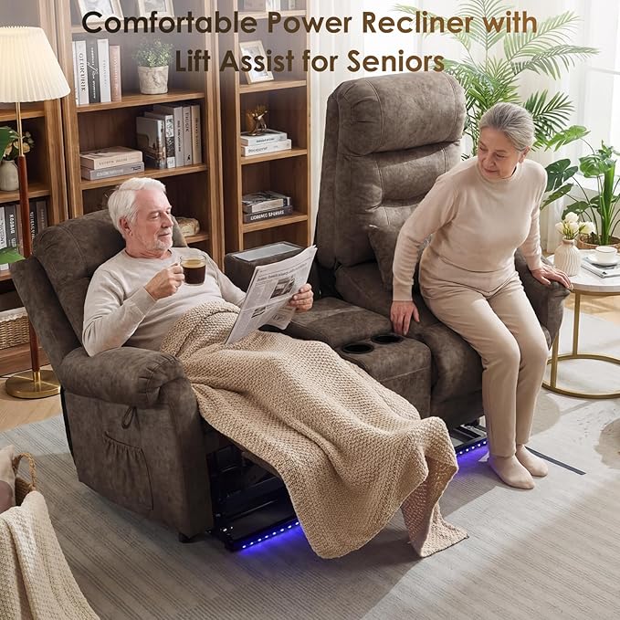 SAMERY Loveseat Recliner Sofa Power Lift Recliner for Elderly with Massage and Heat Electric Reclining Loveseat Sofa Couch with Console Cup Holder Outlets USB Drawer (Brown Lift Loveseat) | Eas