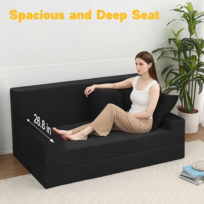 MeMoreCool Boneless Folding Sofa Bed Queen – Corduroy Convertible Futon Couch 2-in-1 Floor Sleeper with Foam Support Detachable Pillow &amp Washable Cover for Living Room Guest Room Apartment