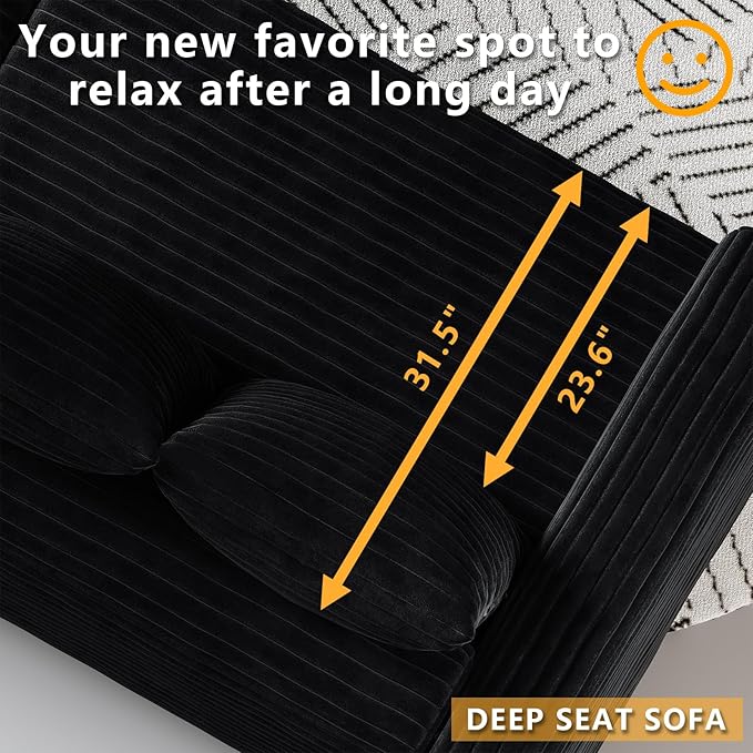 102.4'' Oversized Corduroy Couch Modular Sectional Sofa with Ottoman Upholstered 4 Deep Seat L Shape Sofa Convertible Cloud Couches with Chaise Lounge for Living Room Apartment Black