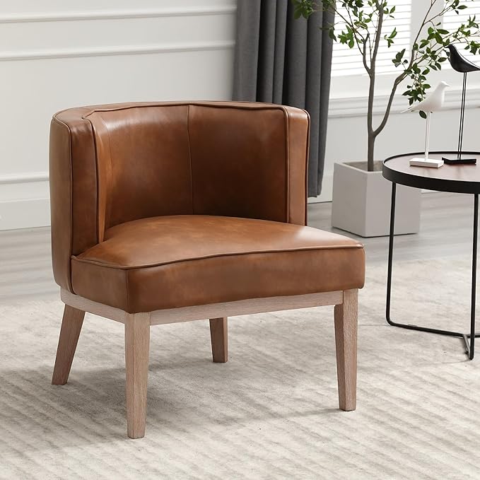 Arm Accent Chair Barrel Accent Chair with Wood Legs Brown Leather Comfy Barrel Round Side Chair Upholstered Reading Chairs with Back for Living Room Bedroom Living Room Chair Brown