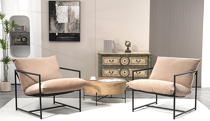 Serenity Accent Modern Velvet Arm Chair with Reclined Seat Sleek Design Durable Metal Frame Soft Upholstery and Plush Comfort for Stylish Living Room Camel