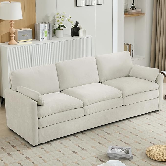 89 Oversized Cozy Upholstered 3-Seater Sofa Comfy Cloud Sofa with Detachable Lumbar Pillow Chenille Fabric Cloud Sofa Double Cushion Couch for Living Room (Beige-3c)