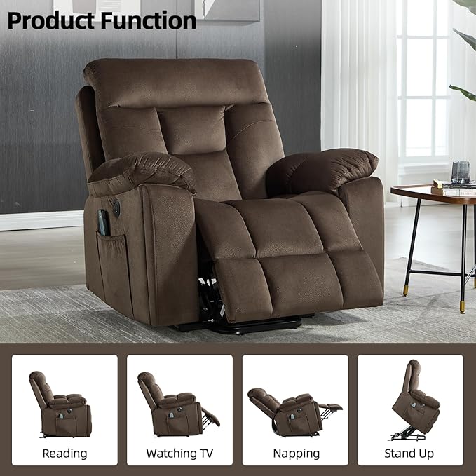 CANMOV Large Power Lift Recliner Chair with Massage and Heat for Elderly Big and Tall People Overstuffed Wide Recliners with 2 Cup Holders Side Pocket and USB Port Dark Brown