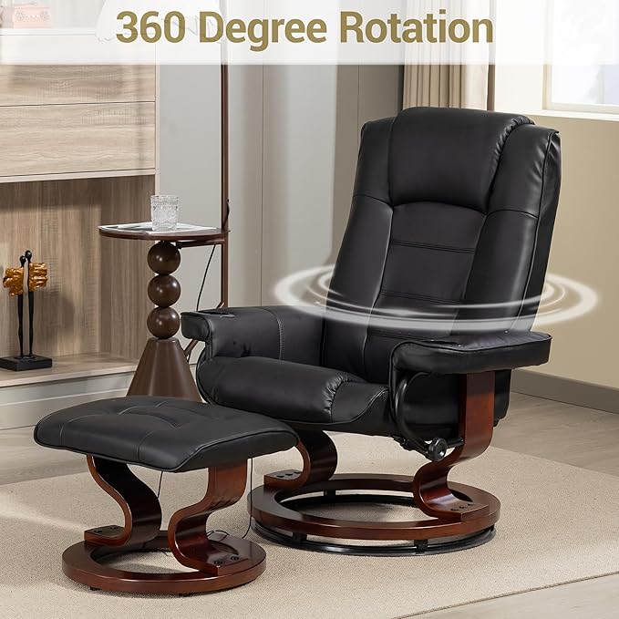 Massage Recliner with Ottoman PU Leather Reclining Chair w/ 8-Point Massager &amp Heated Solid Wood Base Indoor Lounge TV Chair with Foot Rest for Living Room Bedroom Black