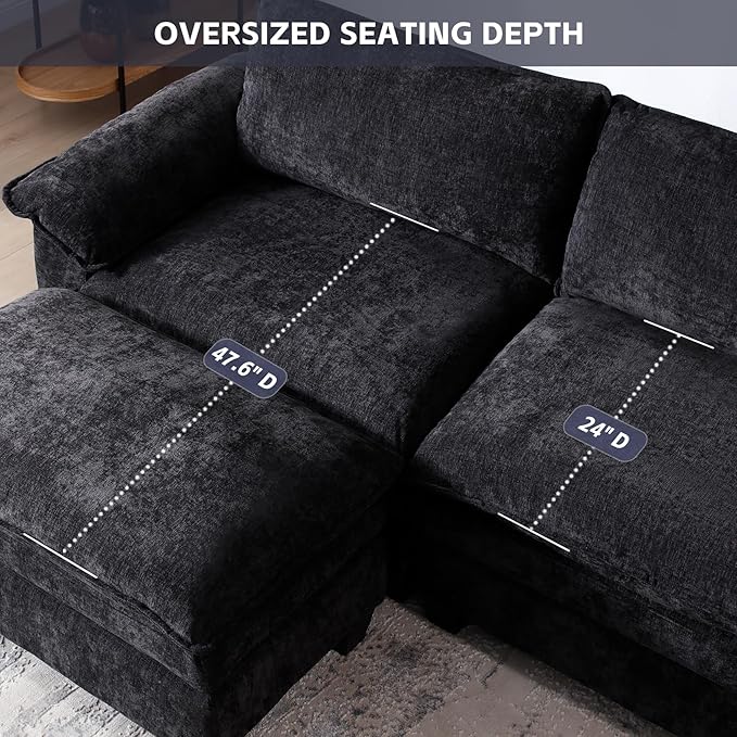mestyl Modular Loveseat Cloud Couch Comfy Sectional Sofa L Shaped 2 Deep Seat Sofa Couch with Ottoman 84 Soft Love Seat Modern Couches for Living Room Bedroom Chenille Black