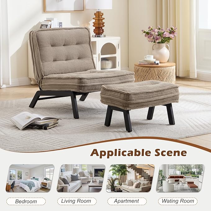 ANJ Accent Chair with Ottoman Adjustable Backrest Khaki Living Room Chair Tufted Upholstered Lounge Chair with Footrest Set Modern Chair Cozy Reclining Chair for Reading Room Bedroom