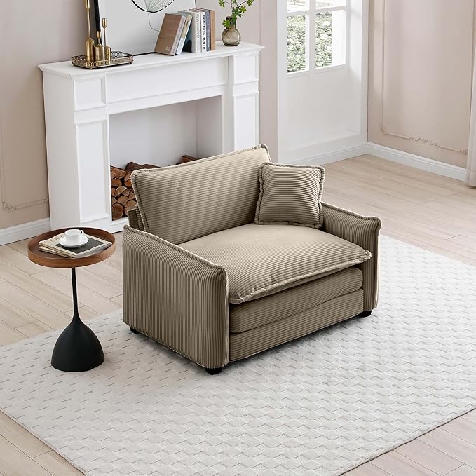 Oversized Deep Seat Single Sofa Chair 46 in Stylish Accent Couch Chair with One Throw Pillow Upholstered Corduroy Fabric Comfy Armchair for Living Room Bedroom Tan