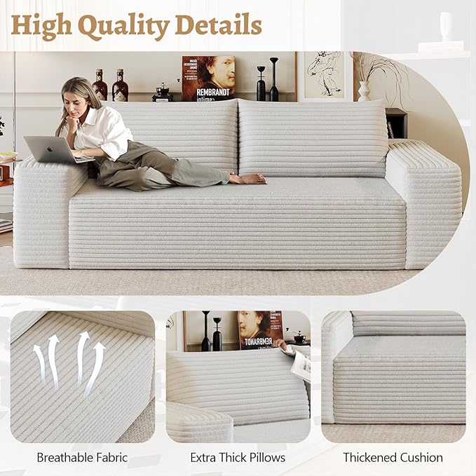 Boneless Sofa Compressed Sofa Couch in a Box Deep Seat Couch for Living Room Bedroom Conference Room Apartment Backrest Pillow No Assembly (White 71)