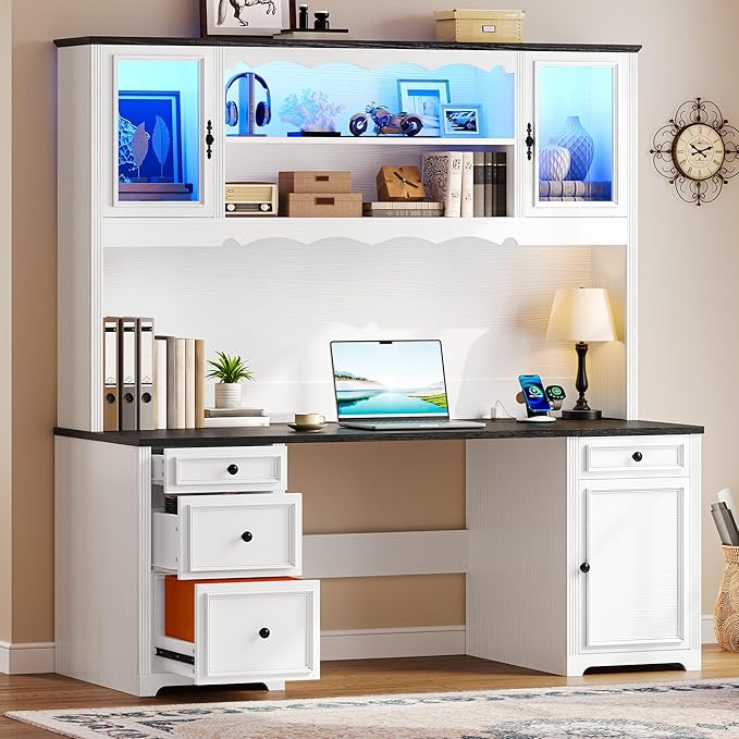 YITAHOME Executive Desk with Hutch and Drawers Farmhouse Computer Desk with Power Outlet &amp LED Lights Home Office Desks with Storage Shelves Storage Cabinet with Glass Door White &amp Black