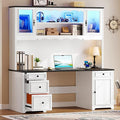 YITAHOME Executive Desk with Hutch and Drawers Farmhouse Computer Desk with Power Outlet &amp LED Lights Home Office Desks with Storage Shelves Storage Cabinet with Glass Door White &amp Black