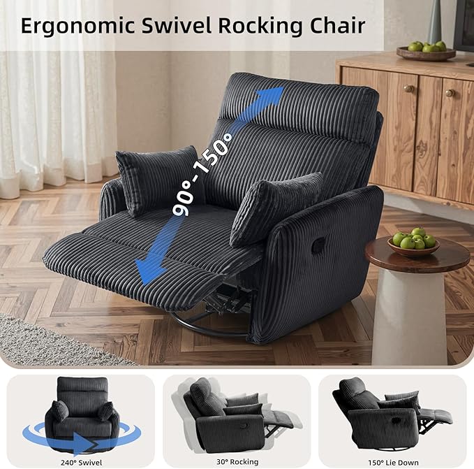Swivel Recliner Chair for Adults Corduroy Nursery Glider Rocking Chair Armchair with 2 Pillows Comfy High Back Reclining for Small Spaces Nursery Bedroom Living Room (Corduroy Black 1 Pack)