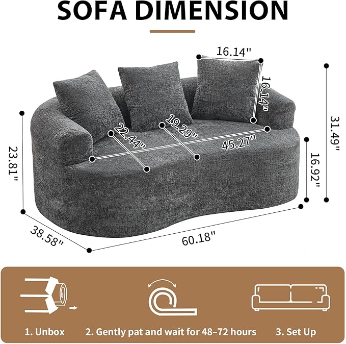 64 Small Loveseat Sofa Mordern Curved Chenille Couch with 3 PillowsNo Assembly Needed Comfy Cloud Loveseat Couch for Small SpacesLiving Room Apartment Full Compression Sponge (Grey 64 Inch)