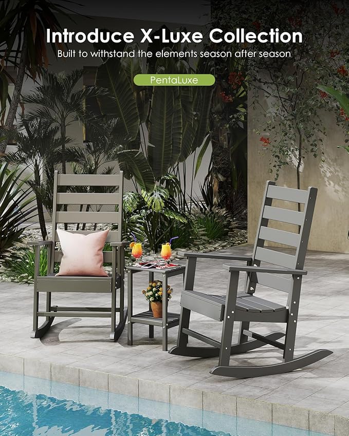 GREENVINES Outdoor-Rocking-Chairs-Set-of-2 | HDPE Plastic | Patio Rockers | Porch Rocker Chair | Shaker | Oversized | High Ladder Back | Big &amp Tall | PentaLuxe | Grey