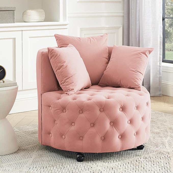 GNIXUU Swivel Barrel Accent Chair 30” Modern Velvet Round Sofa Chair with 3 Pillows and Wheels Comfy Tufted Club Lounge Chair for Living Room Bedroom(Pink).