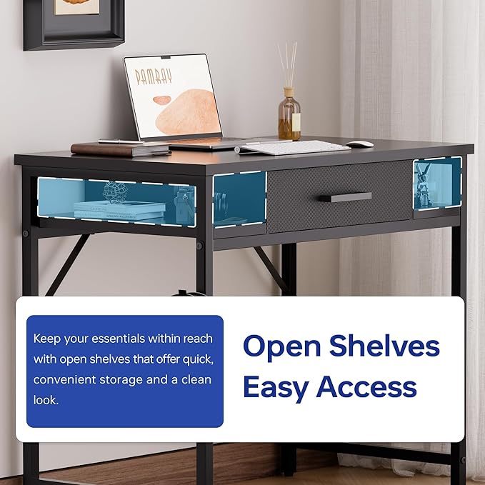 Pamray 32 Inch Small Computer Desk with Drawer and Shelves Simple Study Work Table for Bedroom Black