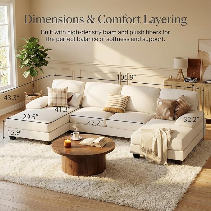 Homall Modular Sectional U Shaped Sofa Couches for Living Room Comfy Chenille 4 Seat Sofa Set with Removable Pillows Lounge Chaise Upholstered Couch for for Apartment (Chenille White)