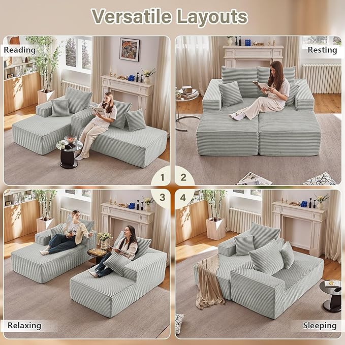 74.8 Oversized Double Chaise Lounge Indoor Upholstered Deep Seat Cloud Couch Corduroy Lounge Chair Modern Sofa Bed Loveseat Sleeper Chair for Living Room Bedroom Apartment Light Grey
