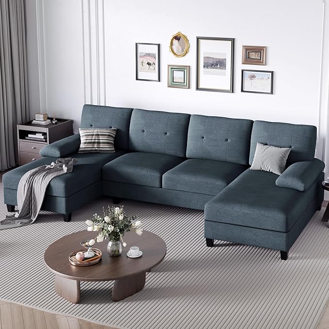 SUNLEI Sectional Couches for Living Room U Shaped Sectional Sofa Couch with 50.4 D Double Chaise and 4 Seat with Linen Fabric Modern Living Room Furniture Sets Dark Grey