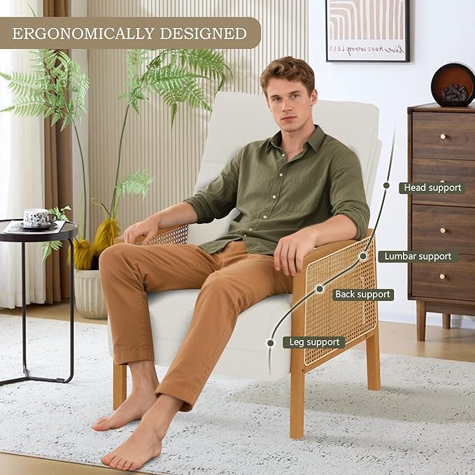 Mid Century Accent Chair Wooden Leisure Armchair with Rattan Armrest Boho Comfy Reading Chair for Living Room Bedroom Lounge Side Club ChairBeige