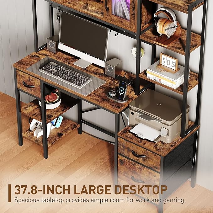 Gaming Desk with Hutch Led Computer Desk with Storage Shelves File Cabinet Gamer Desk with Drawers Pegboard Power Outlet LED Light Workstation for Home Office Black Desk with Hutch