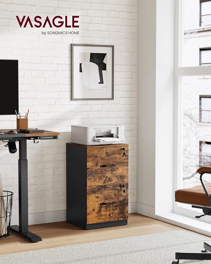 VASAGLE 2 Drawers File Cabinet with Lock Printer Stand Office Filing Cabinet Organizer for A4 and Letter Size Documents Rustic Brown and Ink Black UOFC061B01