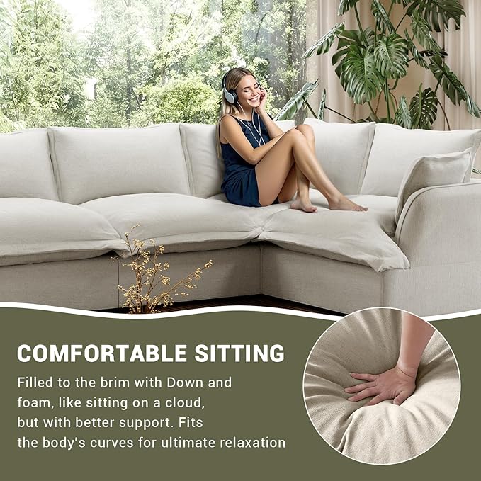 Linen Blend Cloud Couch Sectional for Living Room Comfy Down Filled Cloud Modular Sectional Sofa Modern Convertible Deep Seat Modular Couch Sleeper Sofa Bed Removable &amp Washable Covers