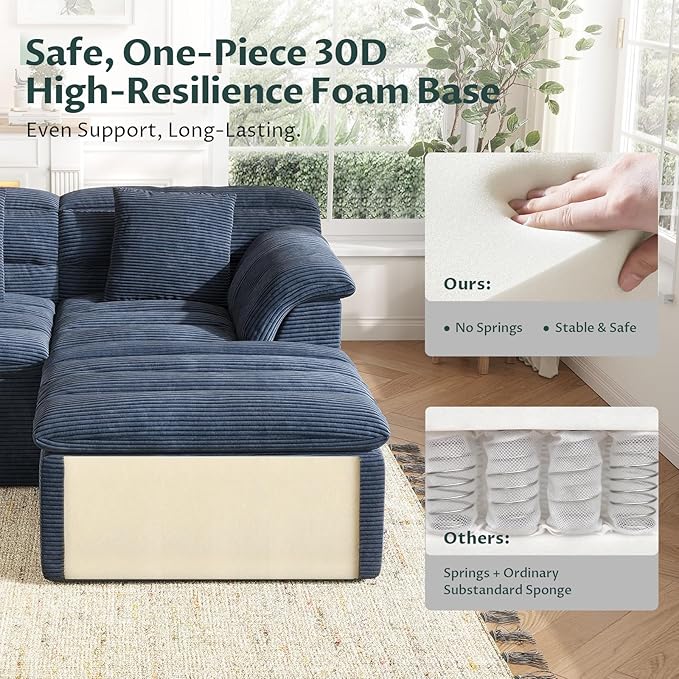 112 Boneless Sectional Couches for Living Room Modular Cloud Sectional Sofa with Ottoman Deep Seat Compressed Couch Bed Modern Upholstered L-Shape Corduroy Sofa No Assembly Required Blue