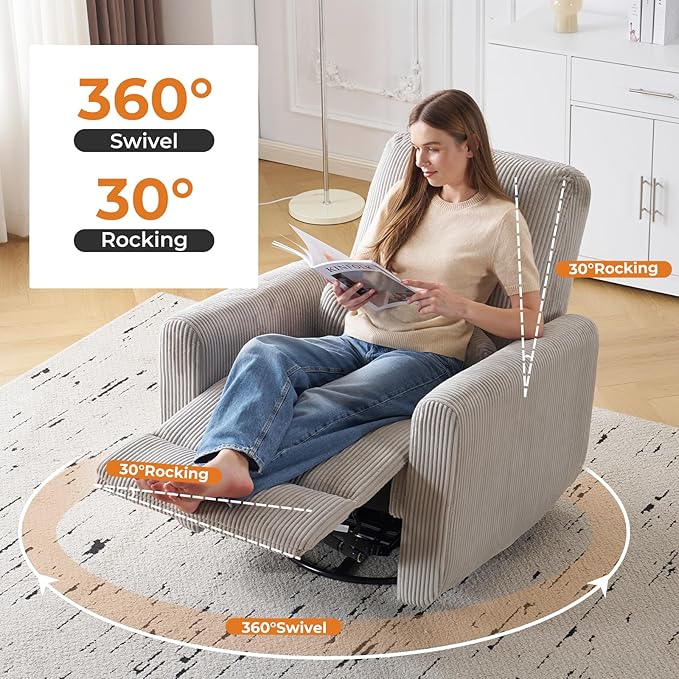 360° Swivel Glider Recliner Chair Oversized Rocker Recliner with Heating and Massage Glider Chair for Nursery with Pillow24 Extra Wide Rocking Chair for Living Room Corduroy Grey