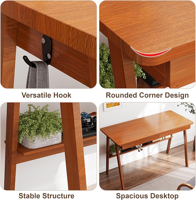 Solid Wood Desk with Drawers - 47.2 Inch Mid Century Modern Desks Writing Desk with Storage Shelf Home Office Desks for Bedroom &amp Home Walnut Color