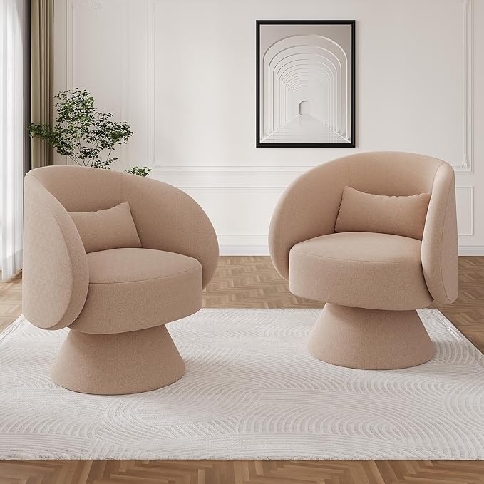Swivel Barrel Chair Set of 2 Upholstered Swivel Cuddle Accent Chairs for Living Room Comfy 360 Degree Modern Small Round Armchair for Bedroom Office (Brown Chenille)