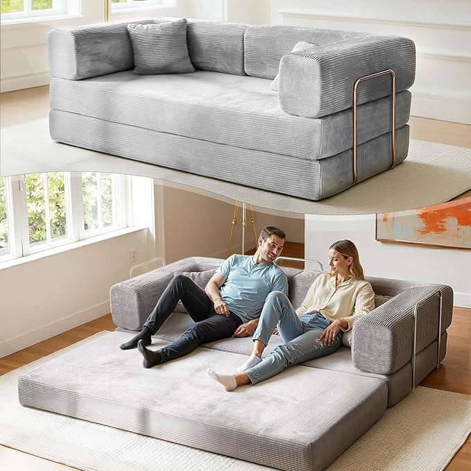 79 Inch Convertible Sofa Bed Couch in Box 5 in 1 Folding Modular Boneless Couch with Pull Out Bed 2 Pillows Soft Corduroy Floor Futon Lounge Loveseat Sleeper Lazy Cama No Assembly Light Grey