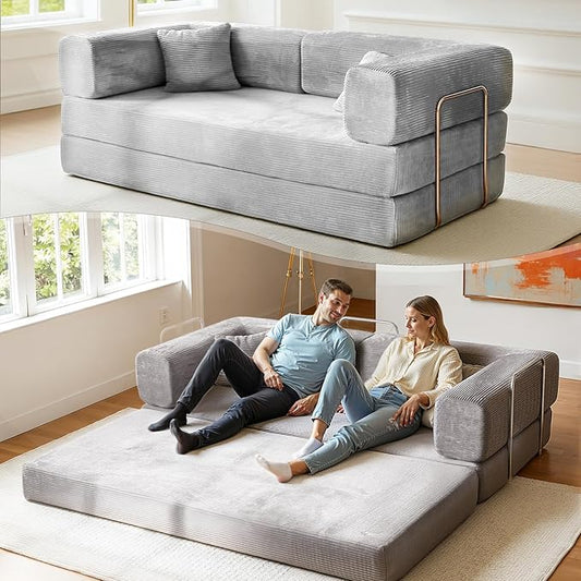 79 Inch Convertible Sofa Bed Couch in Box 5 in 1 Folding Modular Boneless Couch with Pull Out Bed 2 Pillows Soft Corduroy Floor Futon Lounge Loveseat Sleeper Lazy Cama No Assembly Light Grey