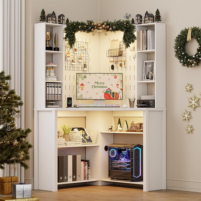 Corner Desk with - LED Reading Light L-Shaped Computer Desk w/Hutch &amp Shelves Home Office Desk w/Charging Station for Work &amp Study File Cabinet Storage Bookshelf for Small Space (White)