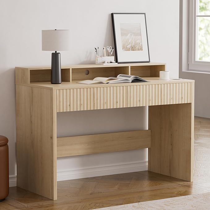 Fluted Executive Desk with Storage Shelf 47 Modern Wood Home Office Desk with Long Monitor Stand &amp 2 Drawers Writing Study Computer Table Vanity Desks Light Oak